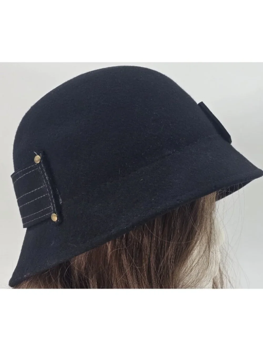 Scala Collezione Black Wool Cloche Hat Handcrafted Brass Buckle Stitching One Sz